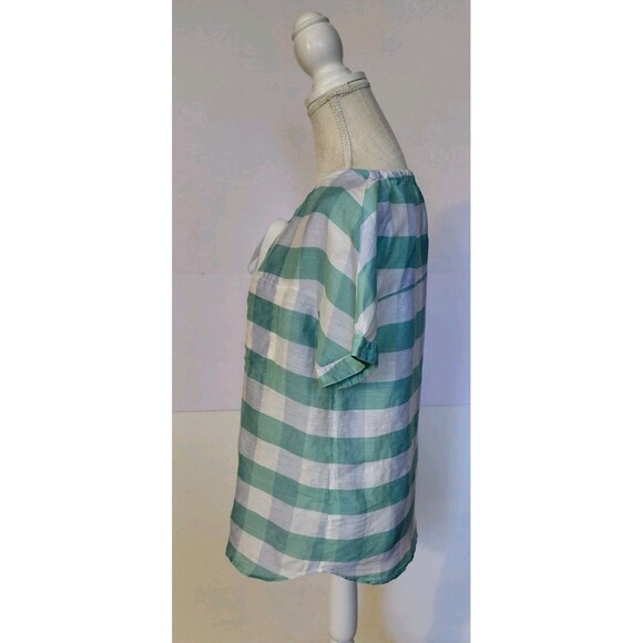 Nordstrom Signature Size S Linen Blend Green Checkered Blouse w/Ribbon Tie - Picture 2 of 9